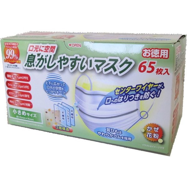 息がしやすいマスク　小さめ ６５枚 | 奥田薬品