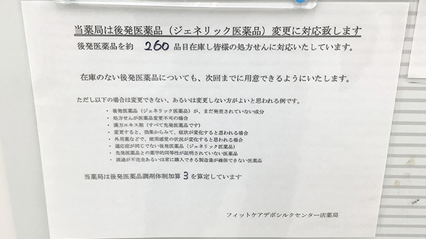 フィットケアデポ　シルクセンター店薬局のジェネリック対応