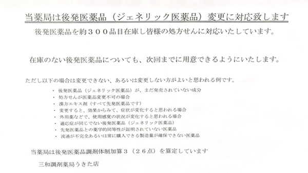 三和調剤薬局　うきた店のジェネリック対応