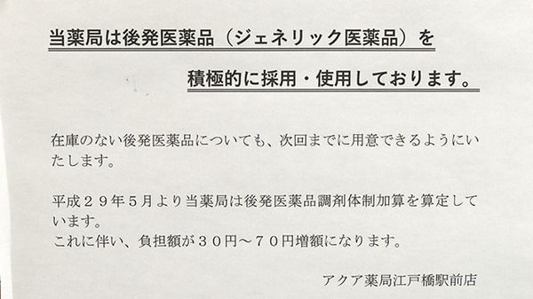 アクア薬局江戸橋駅前店のジェネリック対応