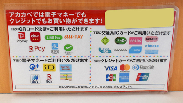 アカカベ薬局　中川店のクレカ/電子マネー/スマホ決済対応
