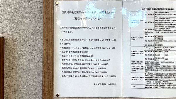 あおぞら薬局　中目黒店のジェネリック対応