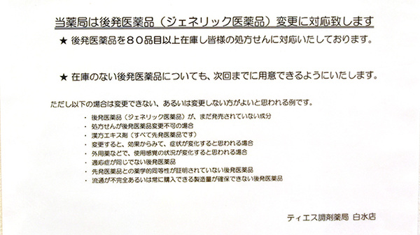 ティエス調剤薬局　白水店のジェネリック対応