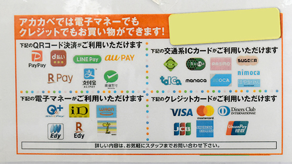 アカカベ薬局　長尾元町店のクレカ/電子マネー/スマホ決済対応