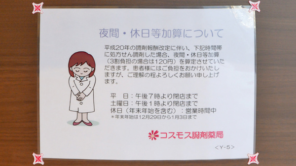 コスモス調剤薬局 尾西三条店の夜間休日対応
