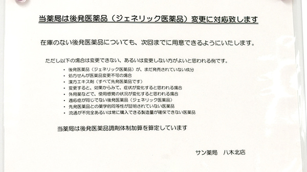 サン薬局　八木北店のジェネリック対応